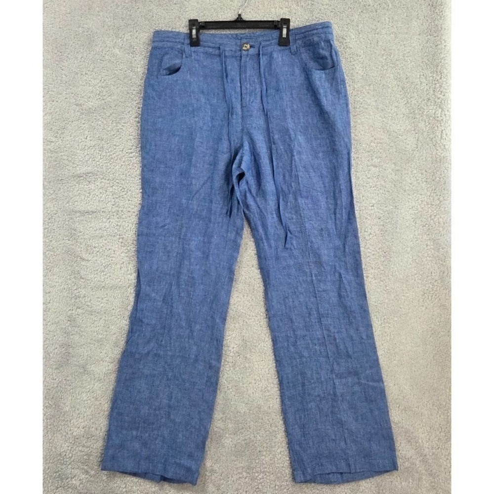 Willi Smith Linen Pants Women 12 Blue Straight Leg Drawstring Wide Leg Trousers